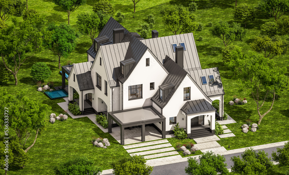 3d rendering of cute cozy white and black modern Tudor style house with parking and pool for sale or rent with beautiful landscaping. Fairy roofs. Clear sunny summer day with blue sky. 3d rendering of cute cozy white and black modern Tudor style house with parking and pool for sale or rent with beautiful landscaping. Fairy roofs. Clear sunny summer day with blue sky.