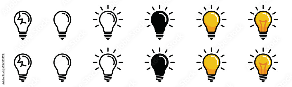 Light bulb or idea icon vector collection. the broken light bulb until the yellow light was bright symbol illustration. Line art lamp sign silhouette Light bulb or idea icon vector collection. the broken light bulb until the yellow light was bright symbol illustration. Line art lamp sign silhouette