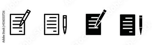 Note paper with pencil or pen icon vector. Written paper symbol illustration. Edit document sign silhouette. Paper clipboard and pencil in filled, outline, line and stroke style