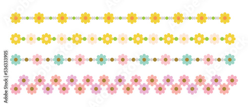 Set of decorative border lines in cute designs of daisy flowers and bead patterns. Jewelry, accessories, fashion decoration.