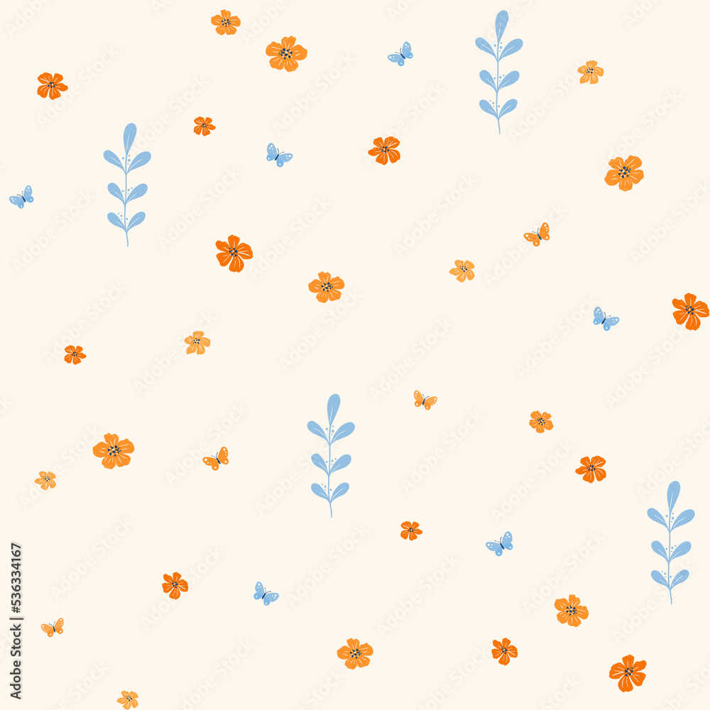 Seamless pattern with wildflowers grass leaves and butterflies. Blue orange beige. Floral pattern for ribbon, stripes, paper, fabric.