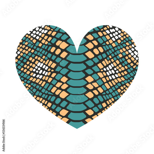 Heart shape with snake print texture. Abstract design element with wild animal reptile skin pattern. Vector green and yellow textured heart for fashion print design, tag, Valentines card.
