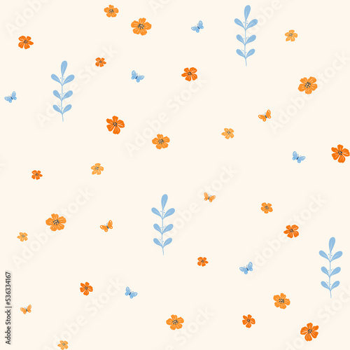 Seamless pattern with wildflowers grass leaves and butterflies. Blue orange beige. Floral pattern for ribbon, stripes, paper, fabric.