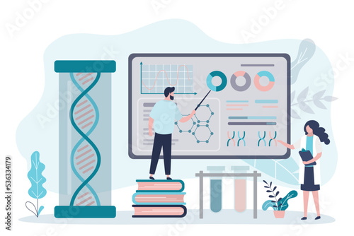 Group of geneticists studying structure of chromosomes and dna. Biochemists investigate genetic changes