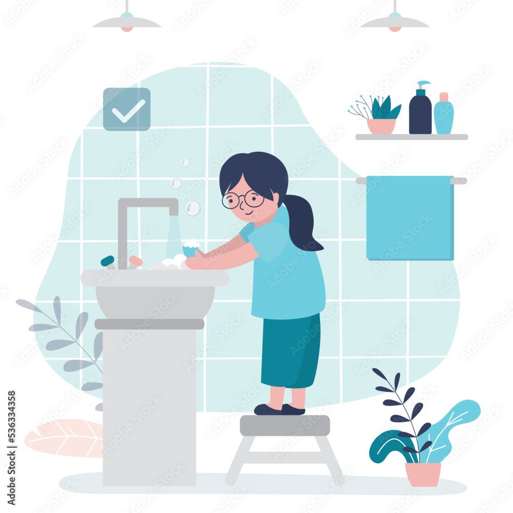 Little girl washing hands with soap in bathroom. Child observes hand hygiene to prevent spread of germs. Kid washes dirty hands in foam. Disinfection protects against bacteria. Little girl washing hands with soap in bathroom. Child observes hand hygiene to prevent spread of germs. Kid washes dirty hands in foam. Disinfection protects against bacteria.