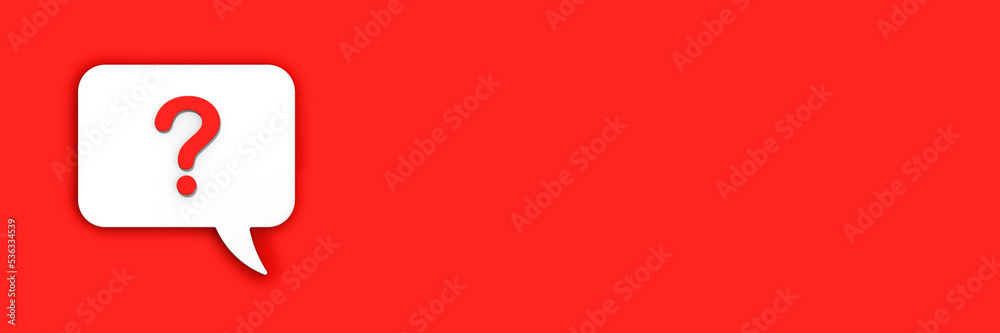 Red question mark on a white message board. Emergency signal. Question notification. Message on a red background. Horizontal image. Banner for insertion into site. 3D image. 3D rendering. Red question mark on a white message board. Emergency signal. Question notification. Message on a red background. Horizontal image. Banner for insertion into site. 3D image. 3D rendering.