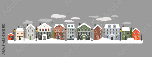 Urban winter landscape. Snowy street. Christmas card Happy Holidays banner. Vector illustration flat design.