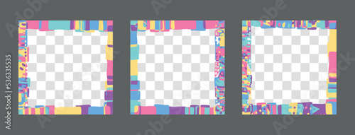 3 in 1 Square frames set 1x1. Abstract, bright colors doodle shapes. Multicolored Abstract frame set for social network, media, story, mobile apps, telephone, greeting card, NFTs.