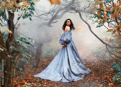 Queen woman walks in mystical autumn misty forest. Orange foliage gothic trees mist smoke. Hair flying in wind motion princess girl looks around. Medieval royal vintage long blue dress, puffy sleeves