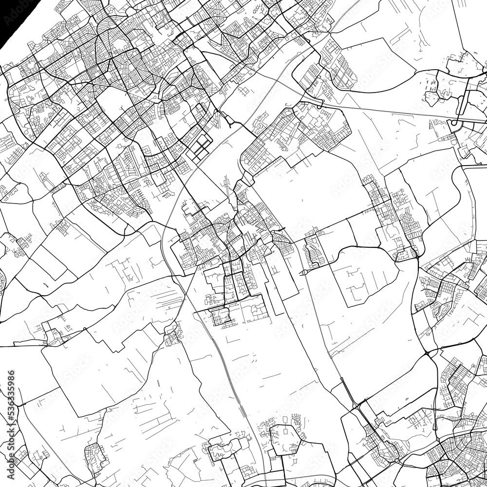 Area map of Delft Netherlands with white background and black roads Area map of Delft Netherlands with white background and black roads