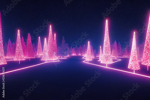 Winter wonderland with neon geometry Christmas trees. Ai generated art