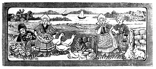 Children having a picnic in the countryside with geese and rabbits – Vintage Illustration