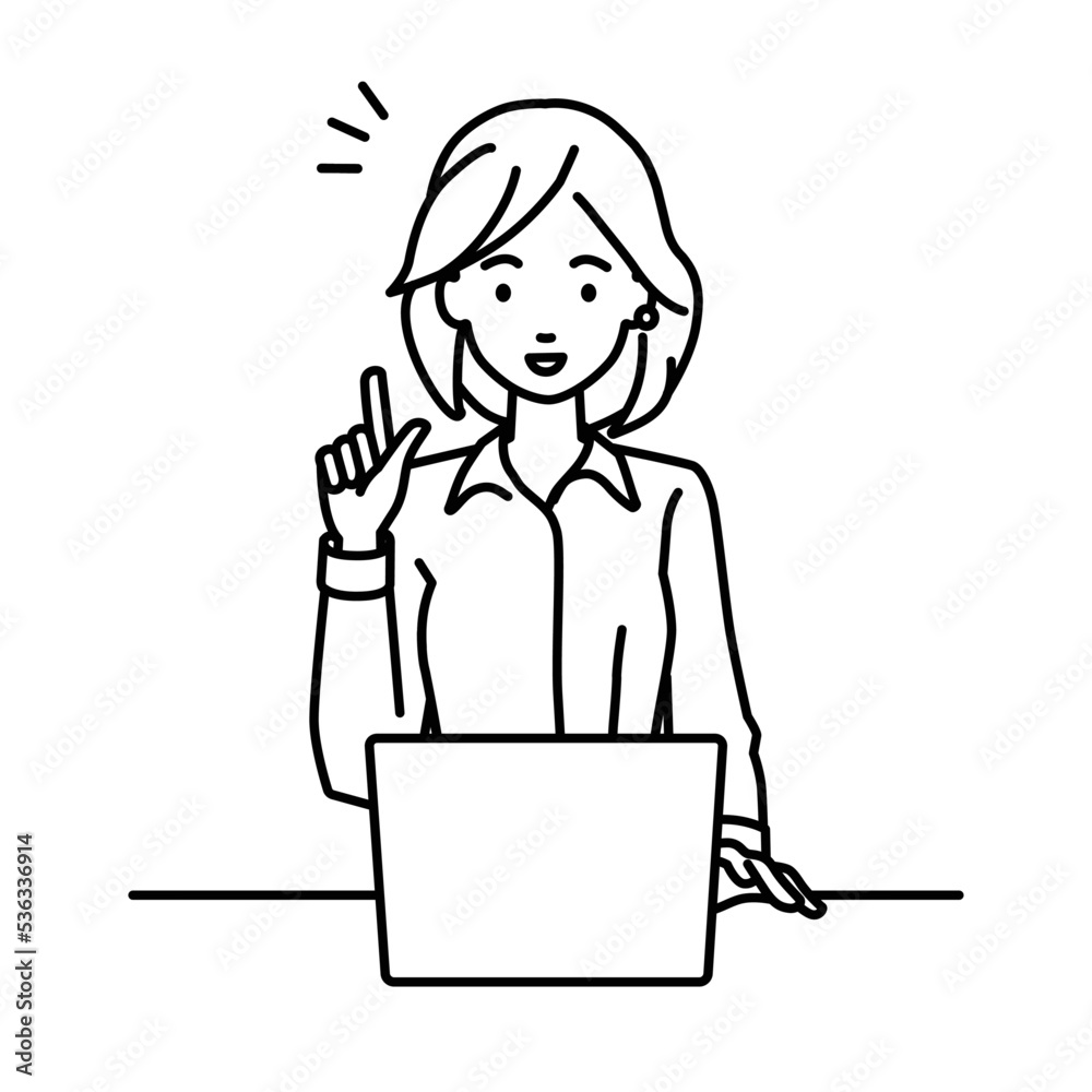 デスクで座ってPCを開いて何かひらめいたブラウスの女性 デスクで座ってPCを開いて何かひらめいたブラウスの女性