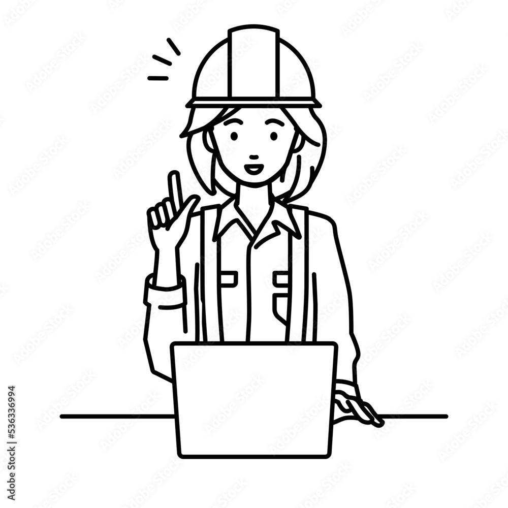 デスクで座ってPCを開いて何かひらめいた工事現場の女性 デスクで座ってPCを開いて何かひらめいた工事現場の女性