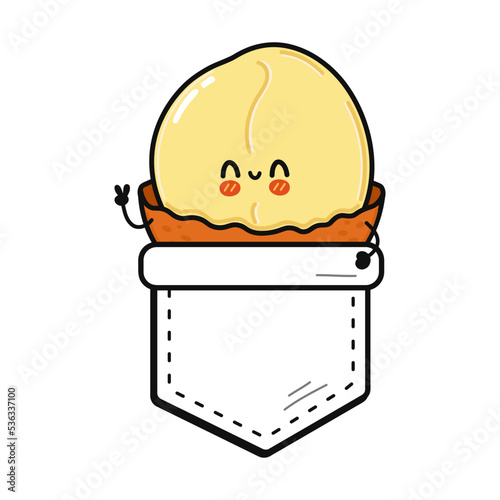 Cute funny macadamia pocket t-shirt print.Vector cartoon doodle line style character logo illustration design. Isolated white background. Funny cartoon macadamia print for pocket t shirt