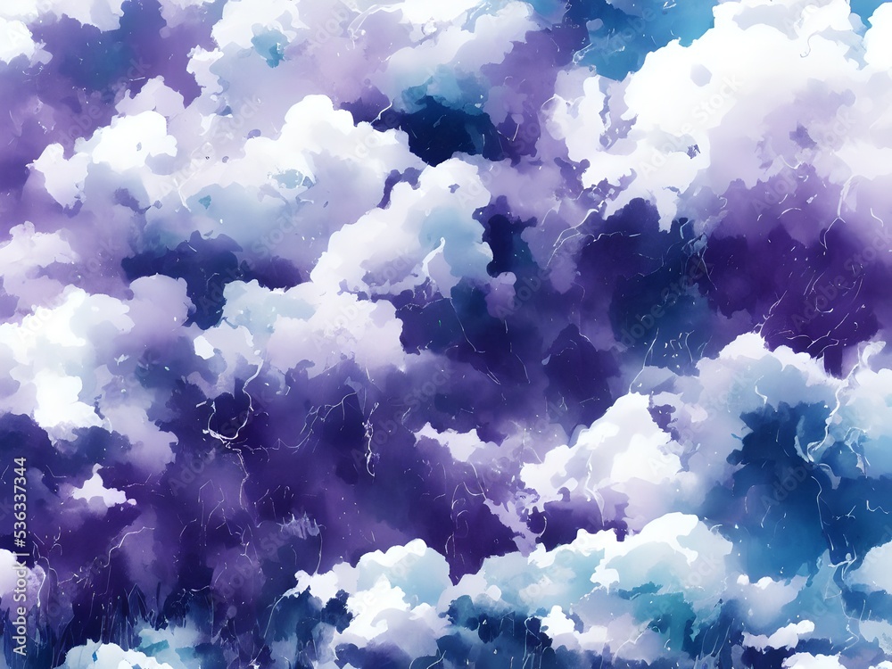 Mountains in clouds, purple, blue background