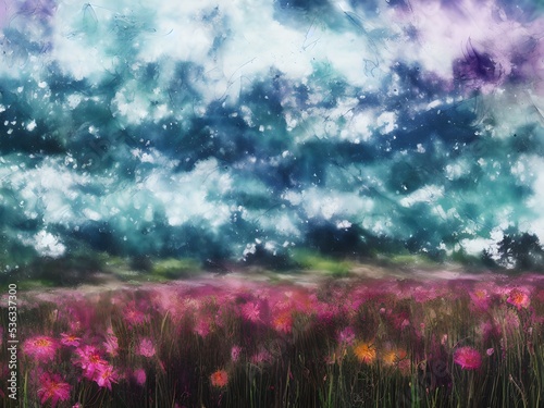 Colorful flower field, ink illustration