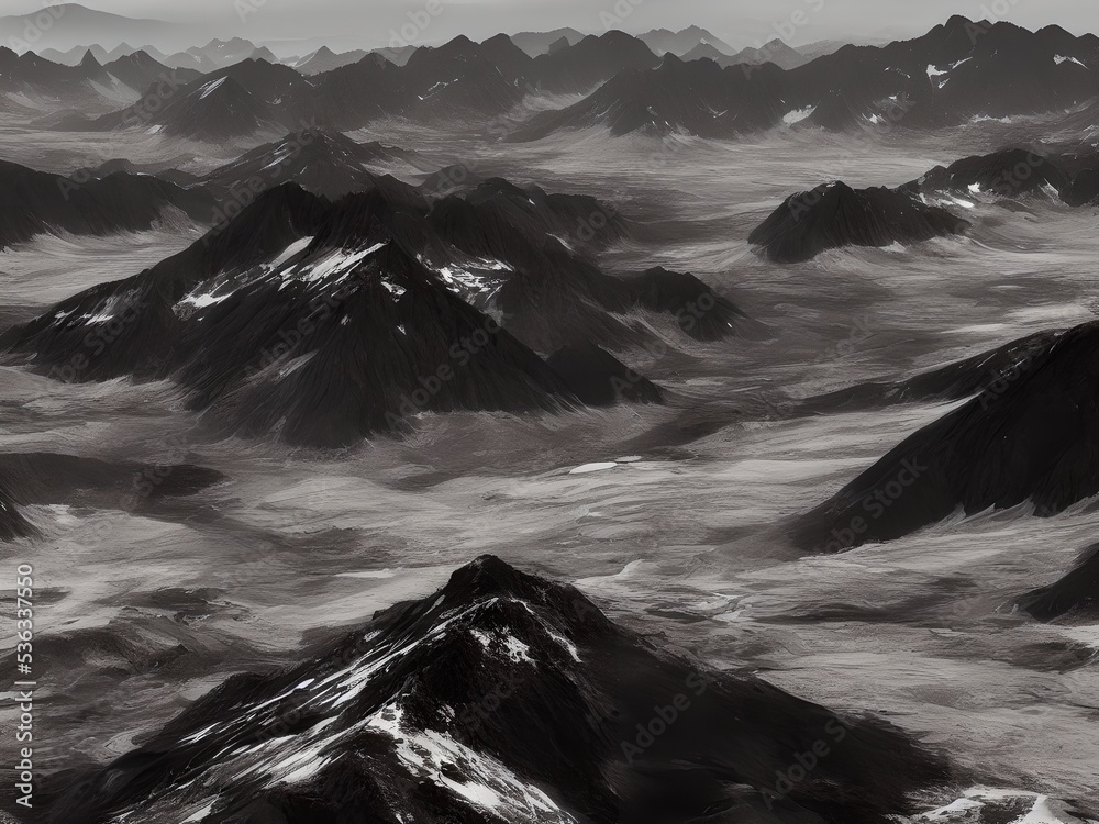 Black and white mountains landscape, illustration