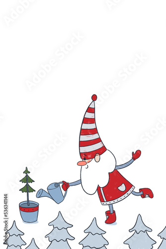 A cute Christmas gnome in a red striped cap is watering a small Christmas tree in a pot. Template for Christmas and New Year card in flat cartoon children's style. A little Santa Claus. © ya_mayka