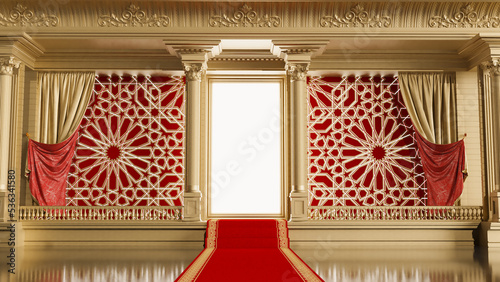 red carpet leading to an open shaining door with arabesque style, 3D render