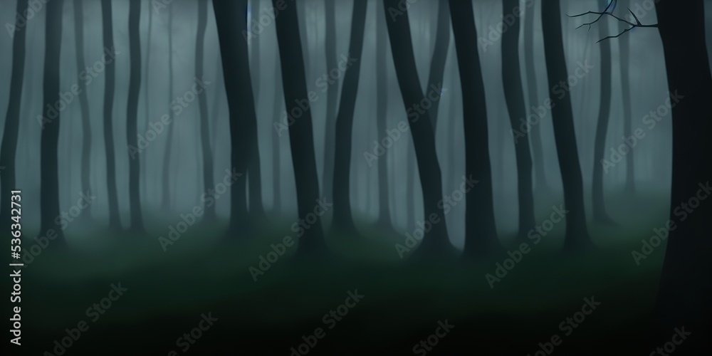 Gloomy, spooky, foggy dark forest landscape. Horror forest background. Surreal mysterious twilight atmospheric woods backdrop. 3D illustration.. High quality Illustration