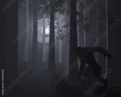 3d illustration of a Werewolf Dogman cryptid on the prowl in a foggy forest