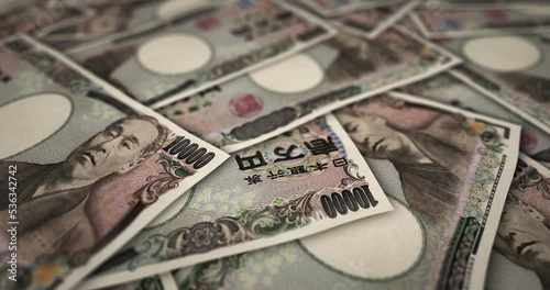 Yen 10000 JPY banknote surface. Flying over Japan money note. 3D abstract concept of business, inflation, economy, finance, crisis and banking. Seamless and looped.