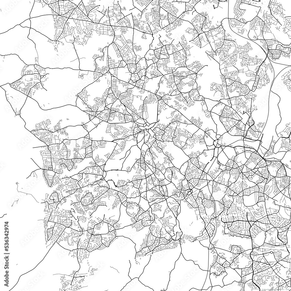 Area map of Dudley United Kingdom with white background and black roads