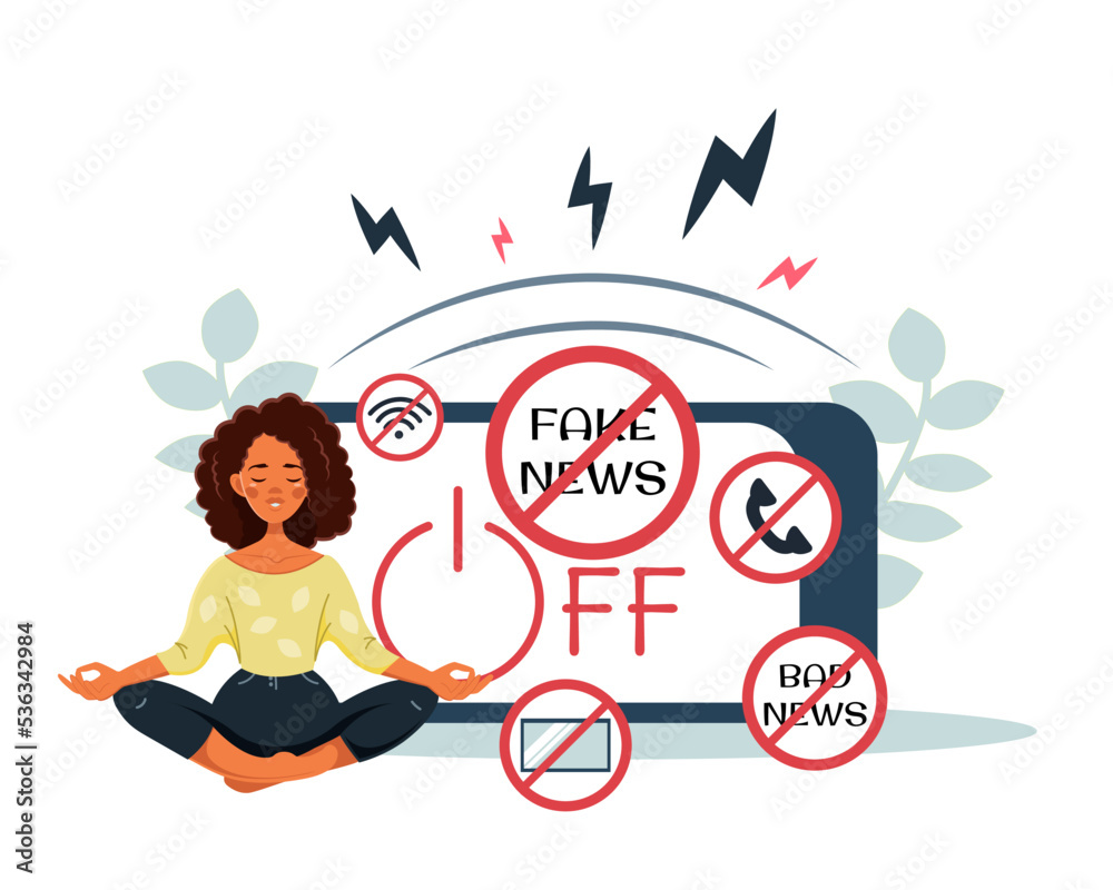 African-American woman, protected from bad news, meditates in the lotus position. Vector