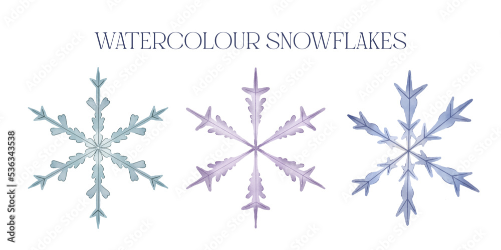 Watercolour snowflakes isolated for New Year, Christmas, winter design. Holiday decorations. Set of snowflakes with gradient Watercolour snowflakes isolated for New Year, Christmas, winter design. Holiday decorations. Set of snowflakes with gradient