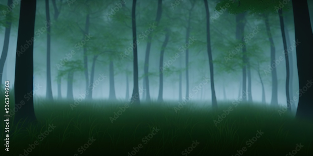 Obraz premium Beautiful mystical landscape. Fog in the forest, dark color. Mist among woods. High quality Illustration