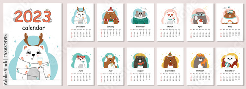 Calendar 2023, the year of the Blue Water Rabbit. Calendar with cats. The week starts on Sunday. Cute cats. Vector calendar