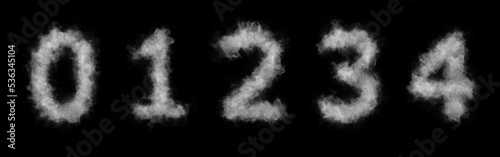 3D Numbers of smoke or cloud. Symbol set 0,1,2,3,4. Abstract smoke or clouds numbers. Isolated white numbers on black background.