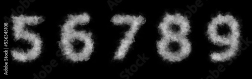 3D Numbers of smoke or cloud. Symbol set 5,6,7,8,9.
Abstract smoke or clouds numbers. Isolated white numbers on black background.