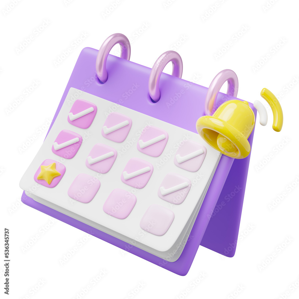 3D Calendar notification icon. Purple calender with check mark in date, bell floating on transparent. Star day for event, holiday plan, business reminder concept. 3d render cartoon icon smooth. 3D Calendar notification icon. Purple calender with check mark in date, bell floating on transparent. Star day for event, holiday plan, business reminder concept. 3d render cartoon icon smooth.