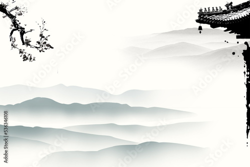 peaceful spring Chinese painting of mountains and rivers Clouds and pines High mountains of China	
 photo