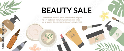 Cosmetic sale flat vector illustration. Beauty and skin care products online shopping. Cream, shampoo, lipstick, lotion, serum. Promotion banner, poster, flyer, web template, landing page