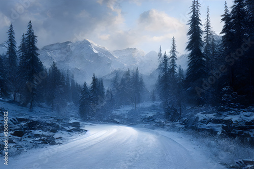 A winding road through a snowy winter landscape. 