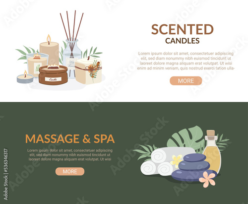 Beauty and spa, aromatherapy banner ads with scented candles and massage stones flat vector illustration.