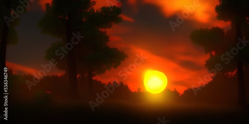 beautiful sunset in the woods. High quality Illustration