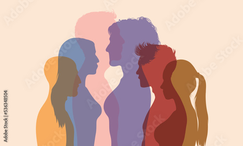 People of different cultures in a flat cartoon. The harmony of collaboration, friendship, and teamwork between people of diverse races or cultures in a society or community.