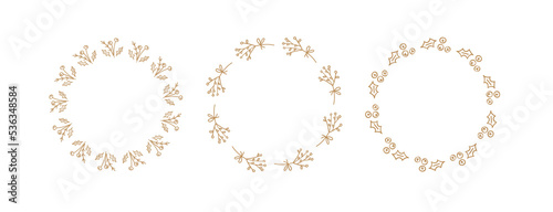 Christmas set of round wreaths with floral elements. Mistletoe. Holiday vector frame. Good for banner, poster and greeting card. New Year mood.