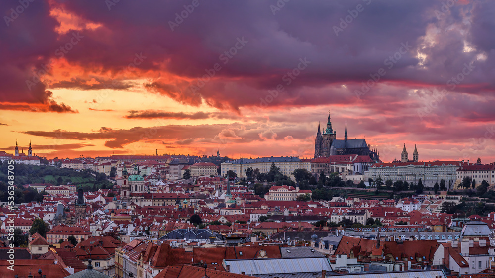 Golden cloudy twilight above Prague, Czech Republic