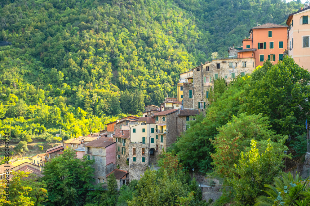 Aerial panorama houses of the village of Buggio houses (Imperia Province, Liguria Region, Northern Italy). Old medieval town, is located above the Maritime Alps, near the Italy-French borders.