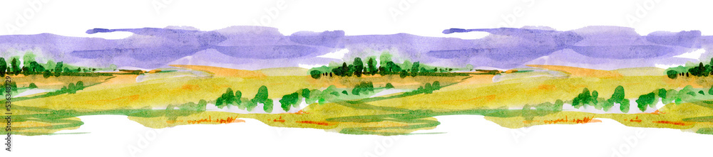 Hand Painted Watercolor Autumn Semless Landscape