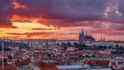 Golden cloudy twilight above Prague, Czech Republic