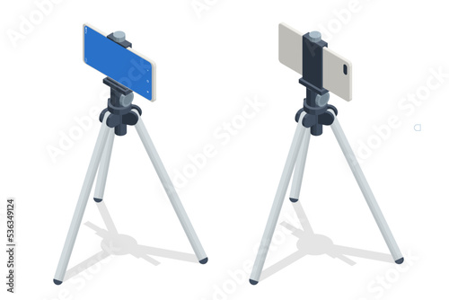 Isometric Smartphone with Blank Screen Fixed to Tripod on White Background. Video Streaming on Smart Phone with Tripod