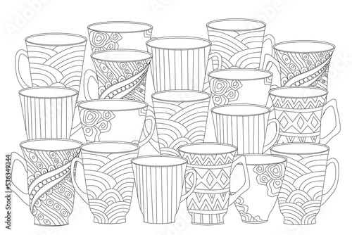 A coloring book with rows of ornate decorated cups. Mugs with ze