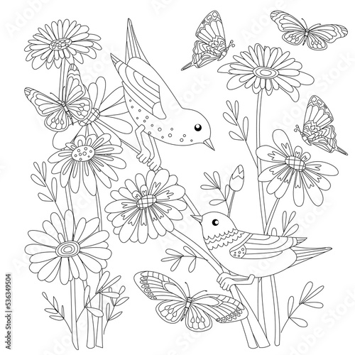 A coloring book with a couple of lovely birds perching on floral