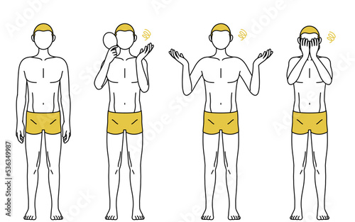 脱毛した男性の線画ポーズセット、困っているポーズ
